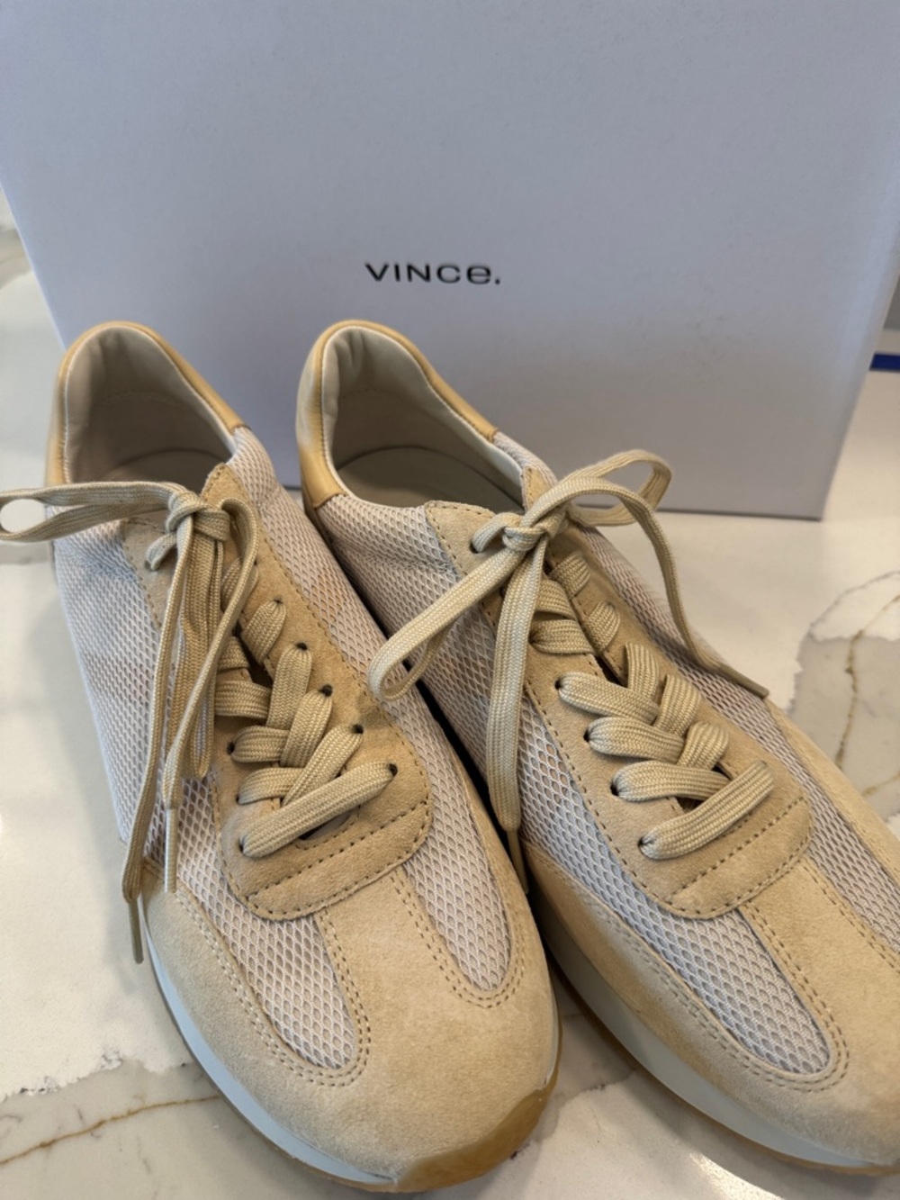 Vince Neutral Beige Mesh & Suede Lace-Up Sneakers US 10